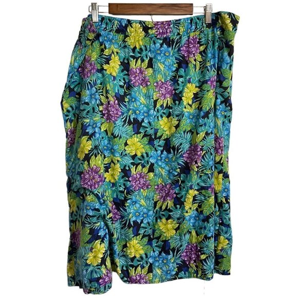 Vintage Womens Green Purple Floral Elastic Waist Tropical Midi Skirt Size 22W - Picture 7 of 7